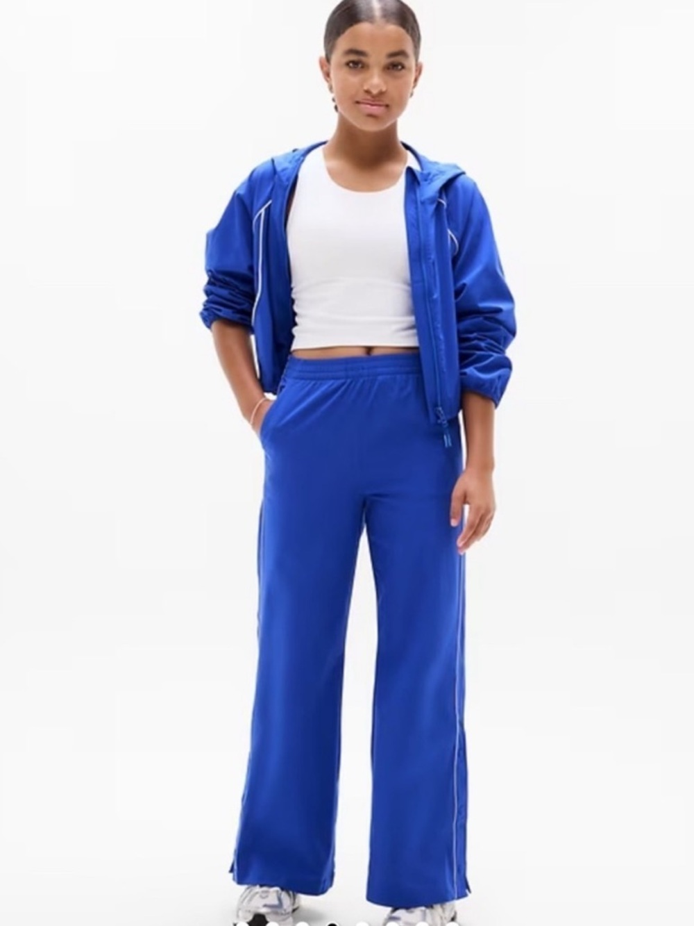 Athleta Girl Royal Blue And White Stripe Tear Away Varsity Wide Leg Track Pant